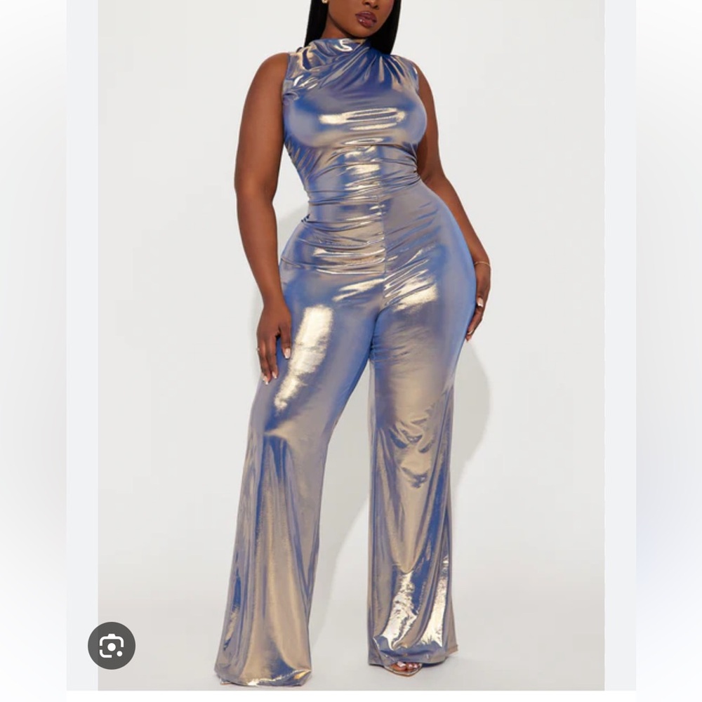 Fashion Nova Metallic Silver Wide-Leg Jumpsuit
